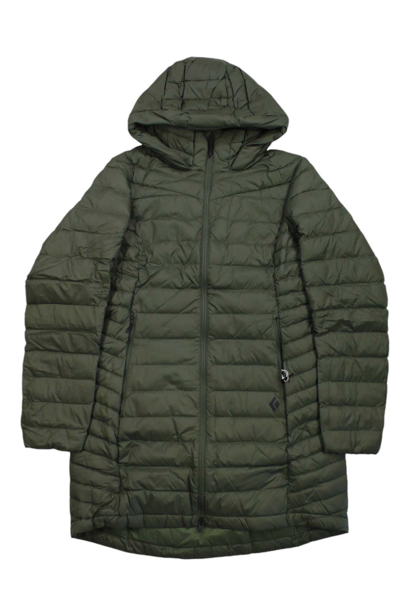 Women's hooded down parka, dark olive green, quilted puffer with long sleeves and zip front