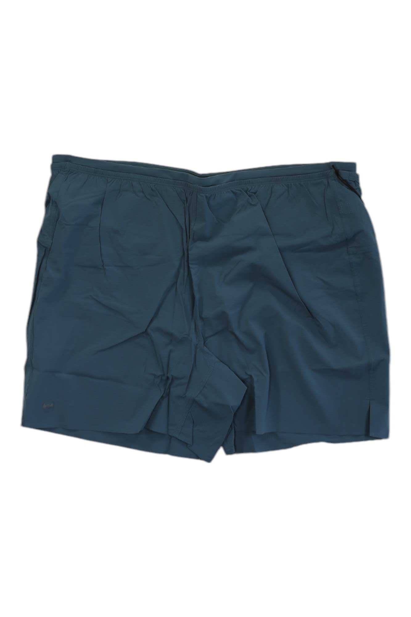 The Janji Men's 6 in AFO-Vent Multi Short, shown flat on a white background, features a teal color, elastic waistband, 4-way stretch fabric, and side pockets.