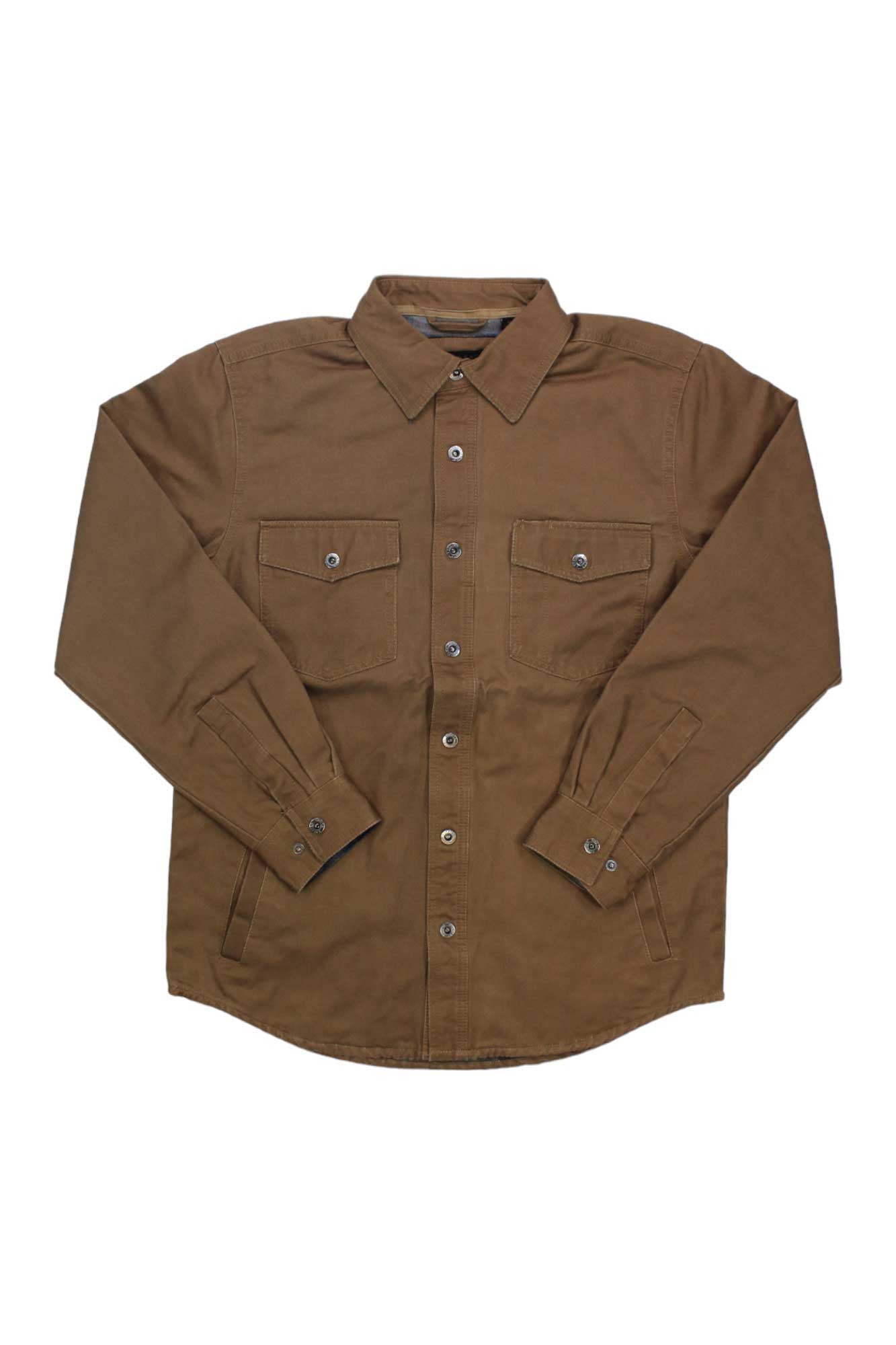 The Dakota Grizzly Mens Blaize Shirt Jacket in brown features a button-up front, collar, two chest pockets with button flaps, and buttoned cuffs. Cozy flannel lining adds comfort. Shown laid flat on a white background.