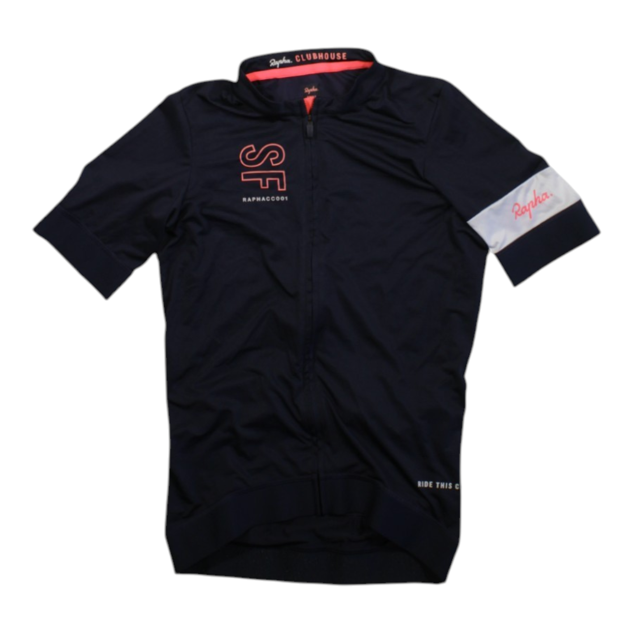 Men's Clubhouse cycling jersey, dark navy/black with orange accents and full front zip.