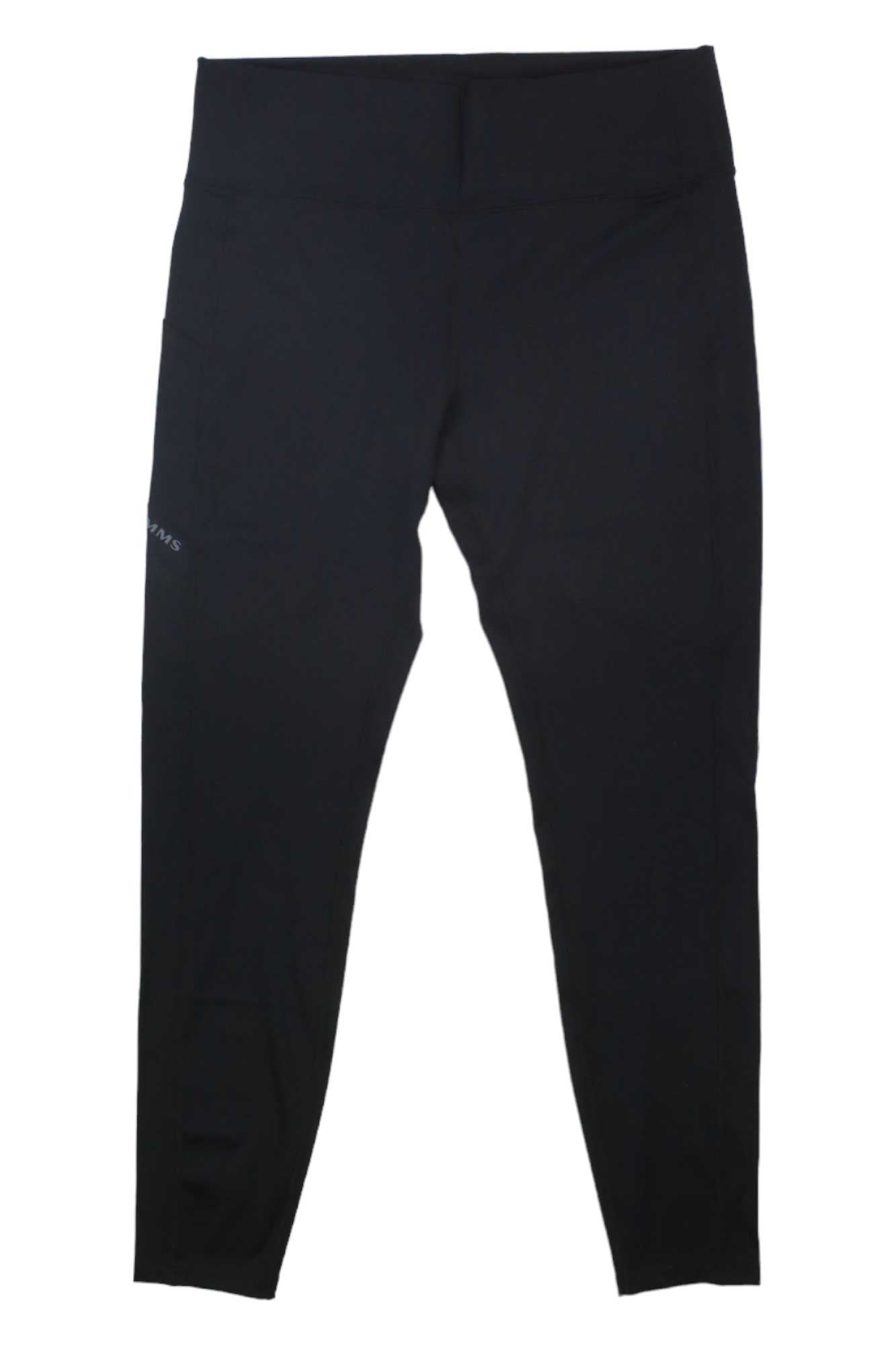 The Simms Womens Bugstopper Legging in black features a high waistband and side pockets. These full-length, sun-protective leggings are shown flat on a plain white background.