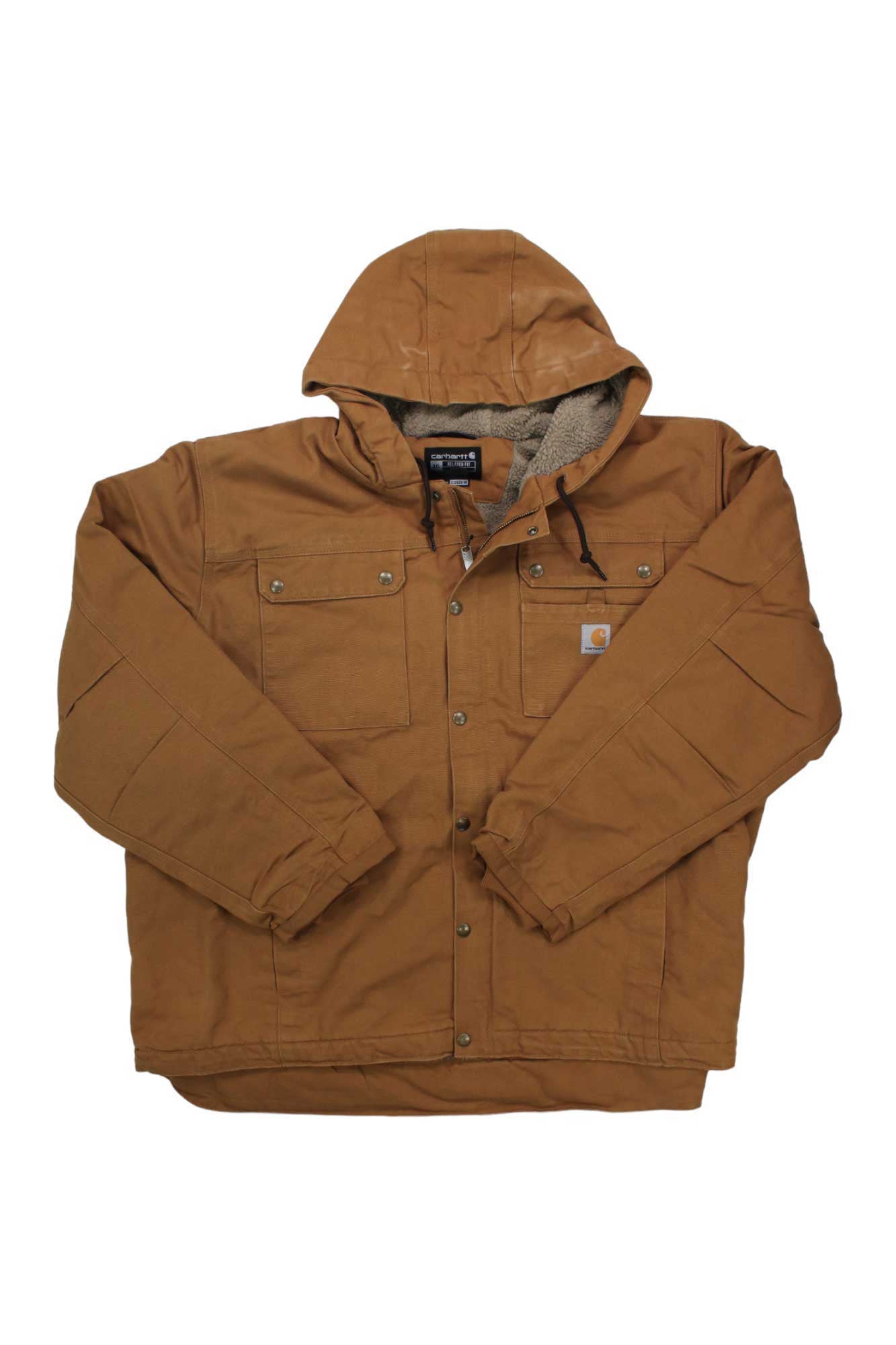 Carhartt duck jacket, brown, with hood and button front; chest flap pockets