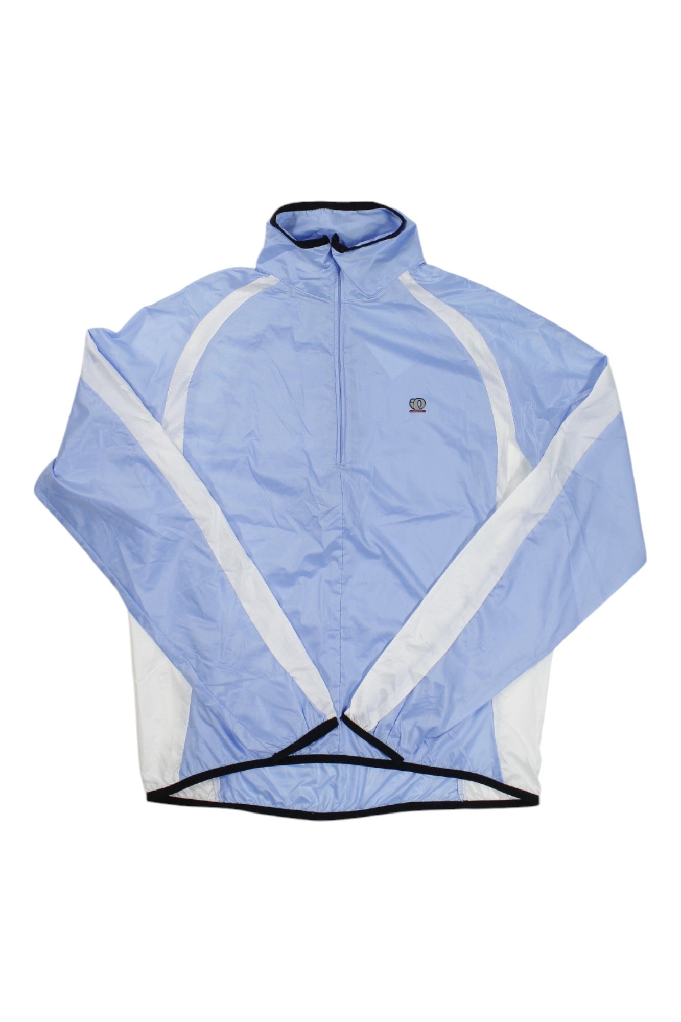 The Womens Pearl Izumi Nada Pullover is a light blue zip-up windbreaker jacket featuring white diagonal stripes on the sleeves and sides, black trim on the collar and hem, moisture-wicking fabric, and a small chest logo.