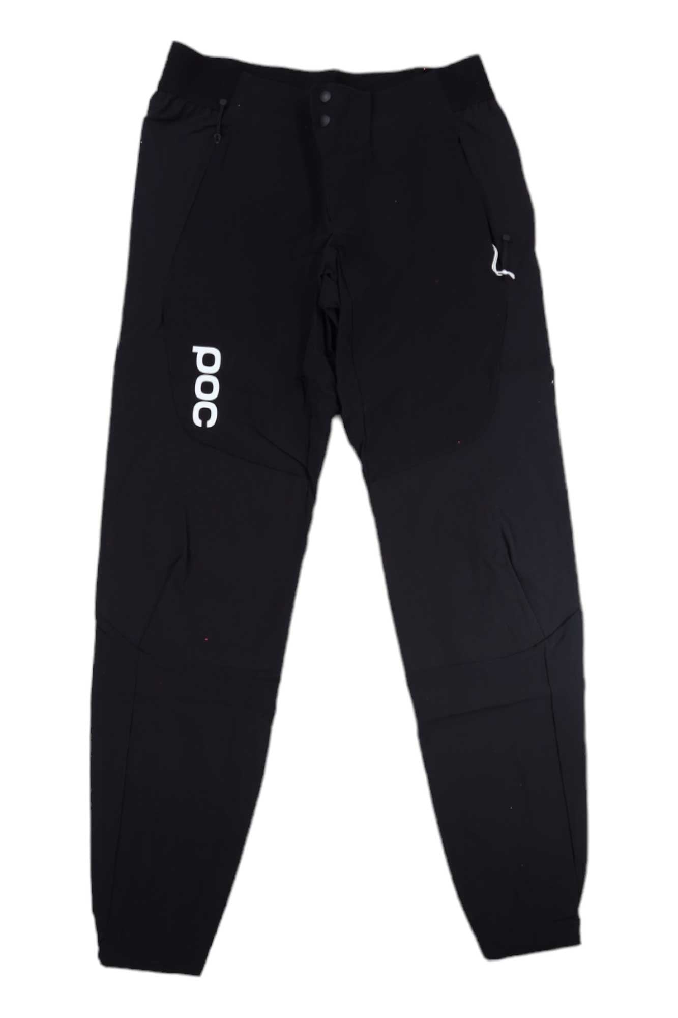 The POC Sports Rhythm Resistance Pant is a pair of black cycling pants with zip pockets, "poc" printed vertically in white on the left thigh, made from Cordura-blended stretch fabric for durability and a slim, tapered fit.