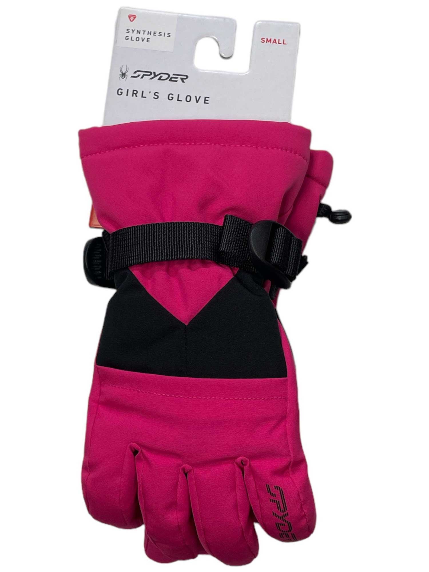 A pair of bright pink Spyder Girls Synthesis Ski Gloves with black accents, size small, connected and shown with a product tag. Features Primaloft insulation for warmth and touchscreen compatibility.