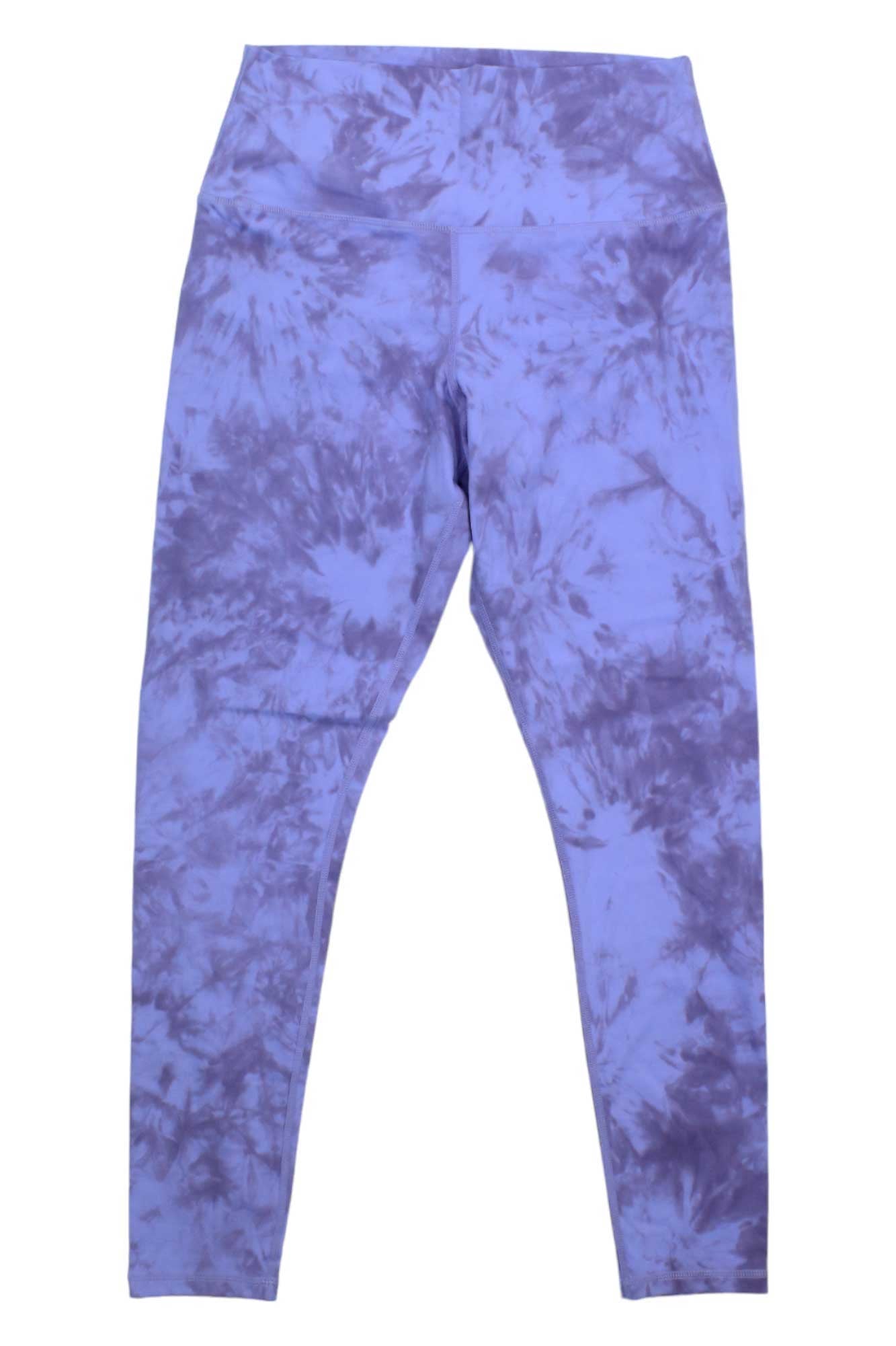 The Glyder Womens Pure Legging is a high-waisted, full-length fitness legging for women featuring a purple and white tie-dye pattern, shown flat on a white background.