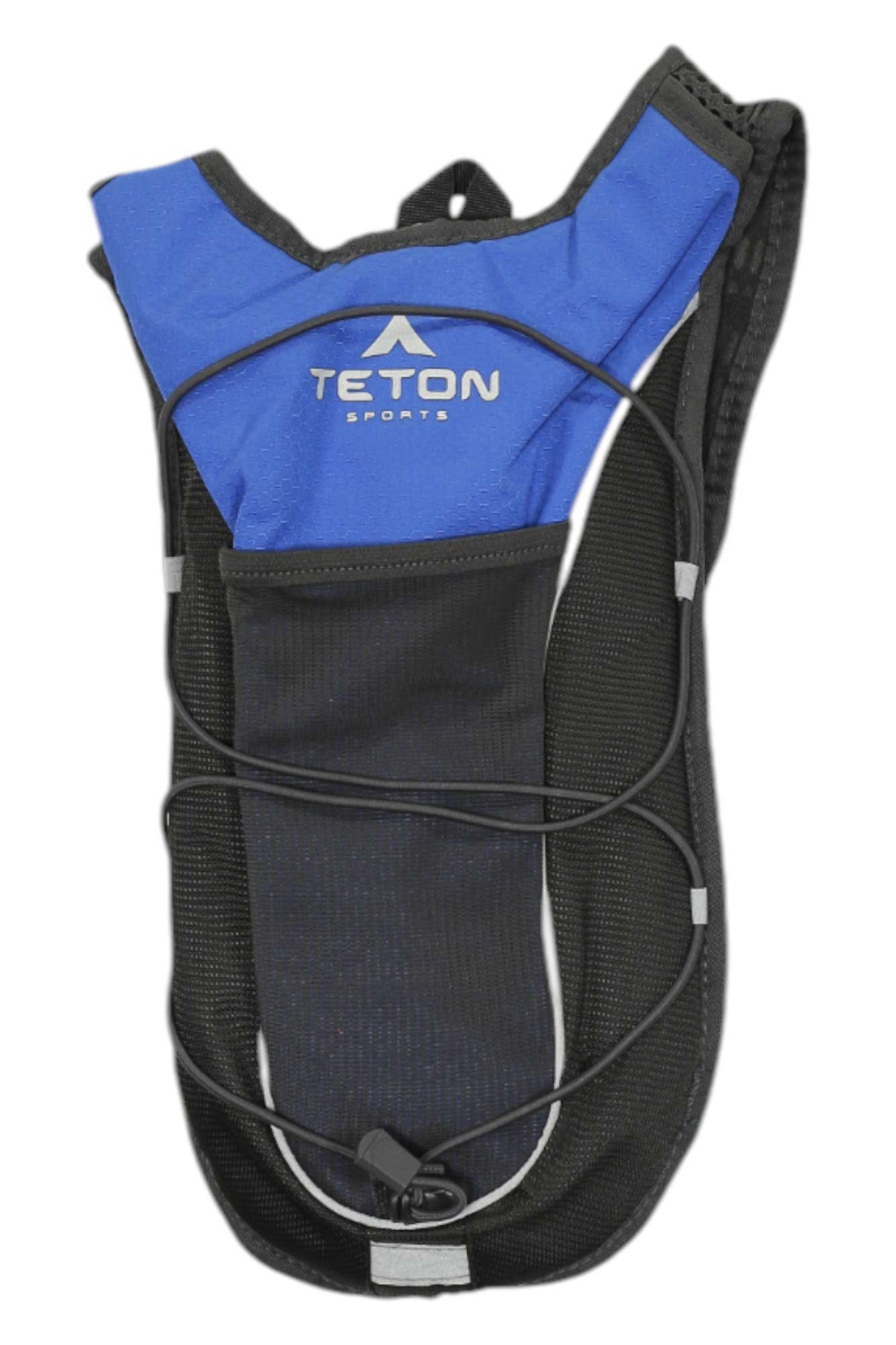 Blue and black hydration pack with front mesh pocket and adjustable shoulder straps