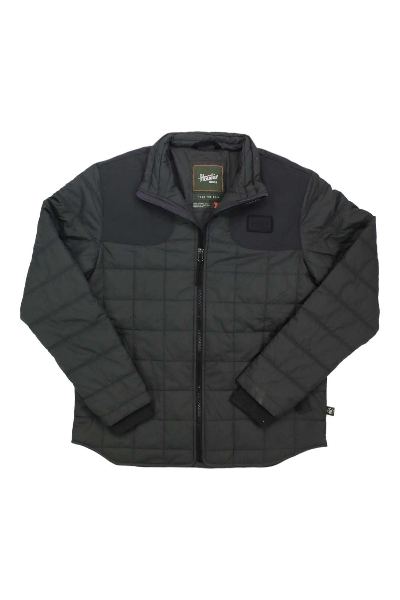 Men's quilted jacket with full-zip and stand collar; dark gray with logo patch