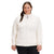 A woman with long dark hair wears The North Face Womens Plus Canyonlands Full Zip Jacket, paired with black pants, standing and smiling against a white background.