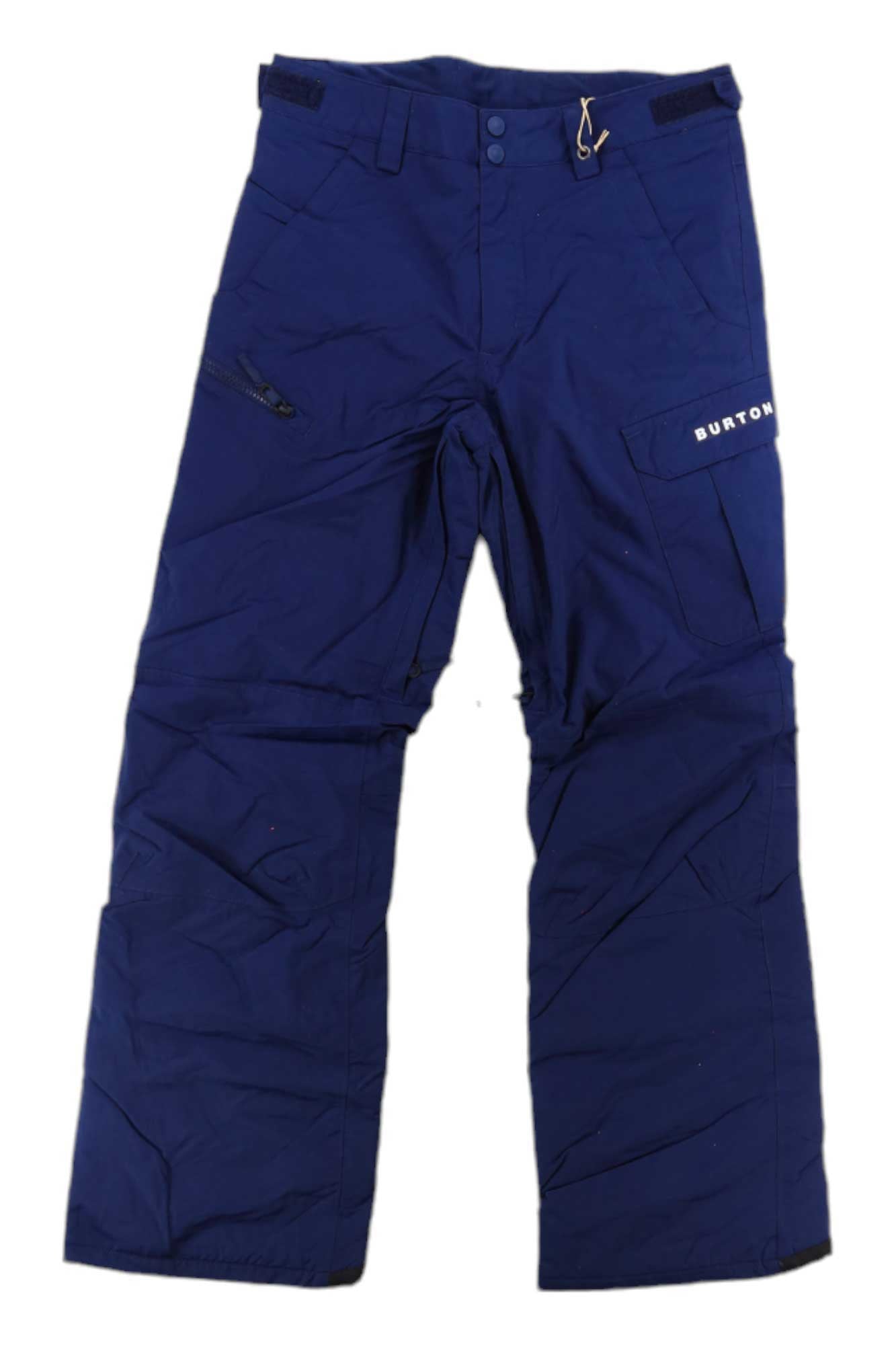 A pair of Burton Boys Exile Cargo Pant insulated snow pants in blue, featuring multiple pockets, button and zip closure, and adjustable waist tabs, is laid flat on a white background.