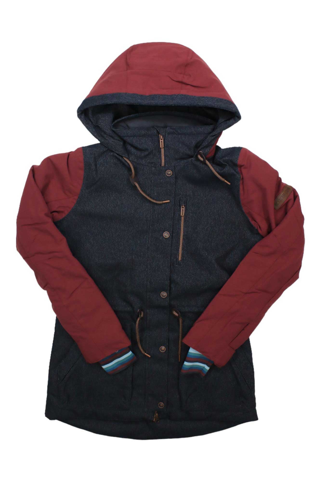 The Boulder Gear Womens Brio Jacket is a hooded, insulated snowboarding jacket with maroon sleeves and hood, dark gray body, brown buttons and zipper, striped inner cuffs, and drawstrings on the hood and hem for a customizable fit.