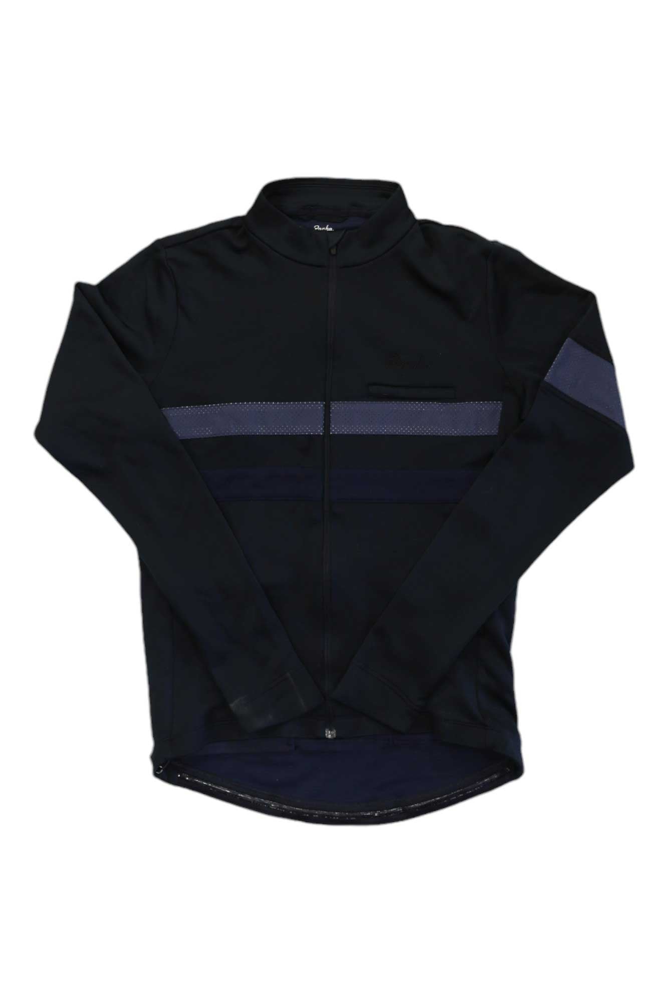 The Rapha Men's Brevet Long Sleeve Jersey in black features a front zipper and subtle dark grey horizontal stripes on the chest and left sleeve, shown laid flat on a white background.