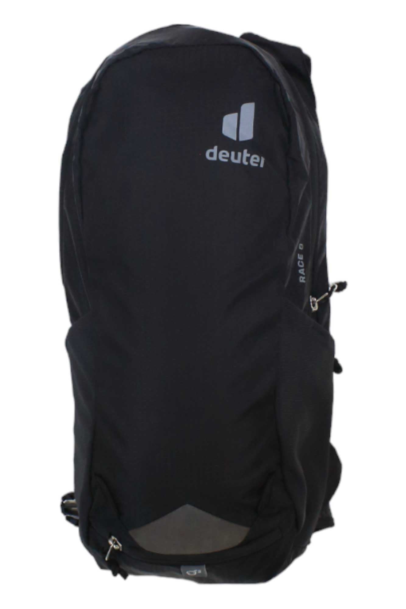 The Deuter Race 8 Pack is a lightweight black daypack with the white Deuter logo, zippered compartments, side pockets, and hydration compatibility—perfect for mountain biking adventures.