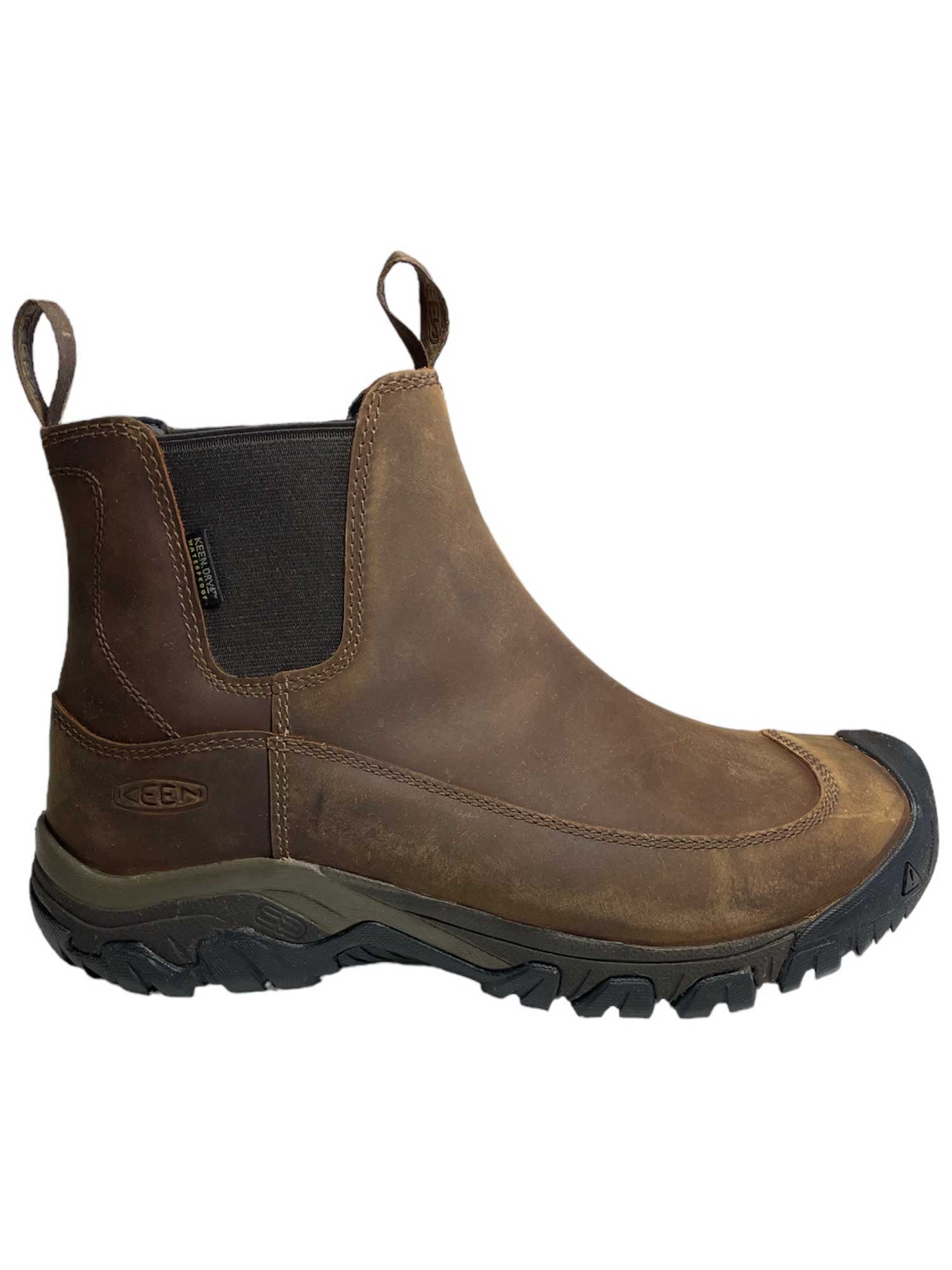 Waterproof chelsea-style boots, dark brown suede upper, pull tabs, chunky rubber sole