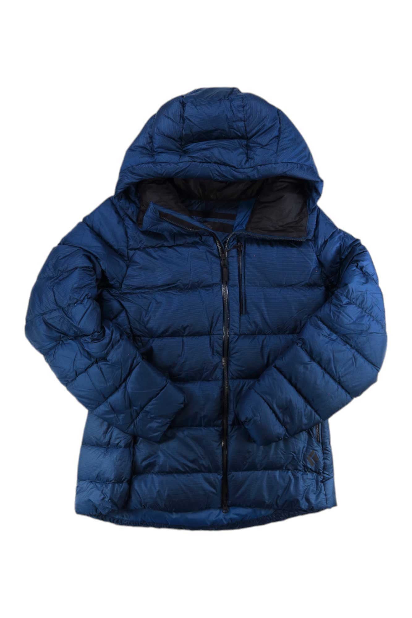 Women’s down parka, dark blue, full-zip with hood and quilted baffle panels