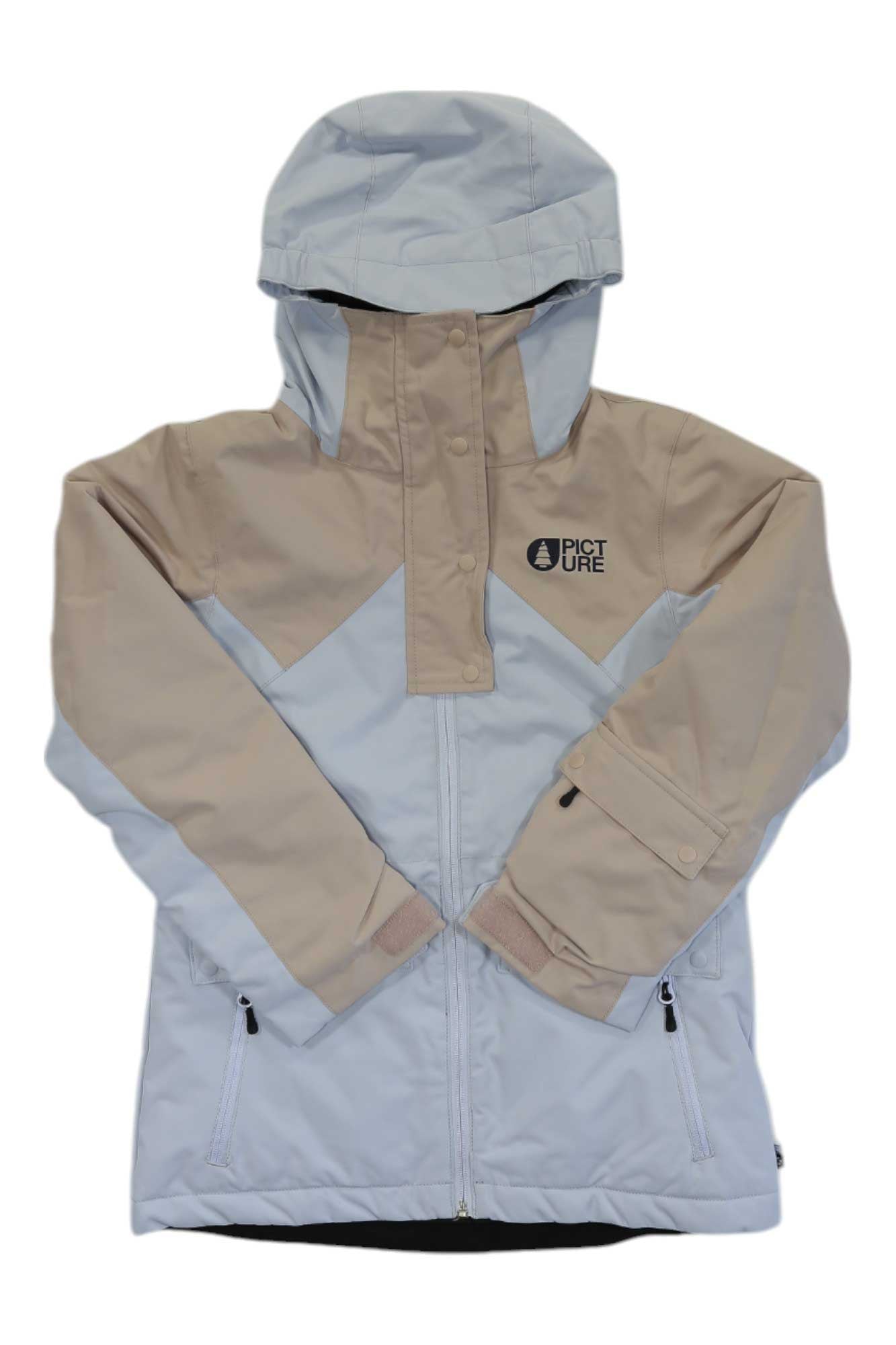 The Picture Girls' Lidy Jacket is a light gray and beige insulated kids’ jacket made from recycled materials, with a hood, zipper and velcro closures, two zippered pockets, and a black chest logo. The waterproof jacket is shown flat on white.