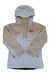 The Picture Girls' Lidy Jacket is a light gray and beige insulated kids’ jacket made from recycled materials, with a hood, zipper and velcro closures, two zippered pockets, and a black chest logo. The waterproof jacket is shown flat on white.