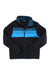 The Cotopaxi Women's Teca Fleece Jacket in black features blue stripes, a small white chest logo, high collar, long sleeves, and is made from recycled polyester—ideal for casual style.