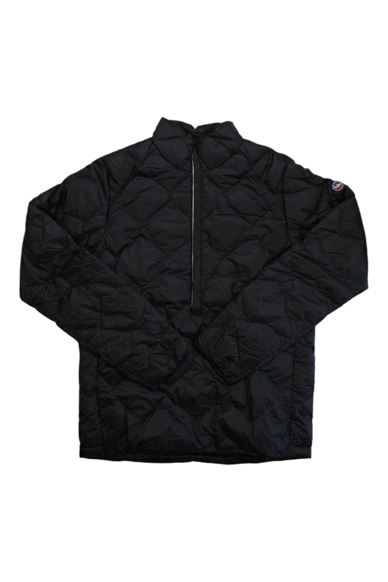 A black, long-sleeve Big Agnes Mens Danvers Pullover with quilted ultralight DownTek water-repellent down, half-zip front, and a small circular logo patch on the left sleeve, shown flat on a white background.
