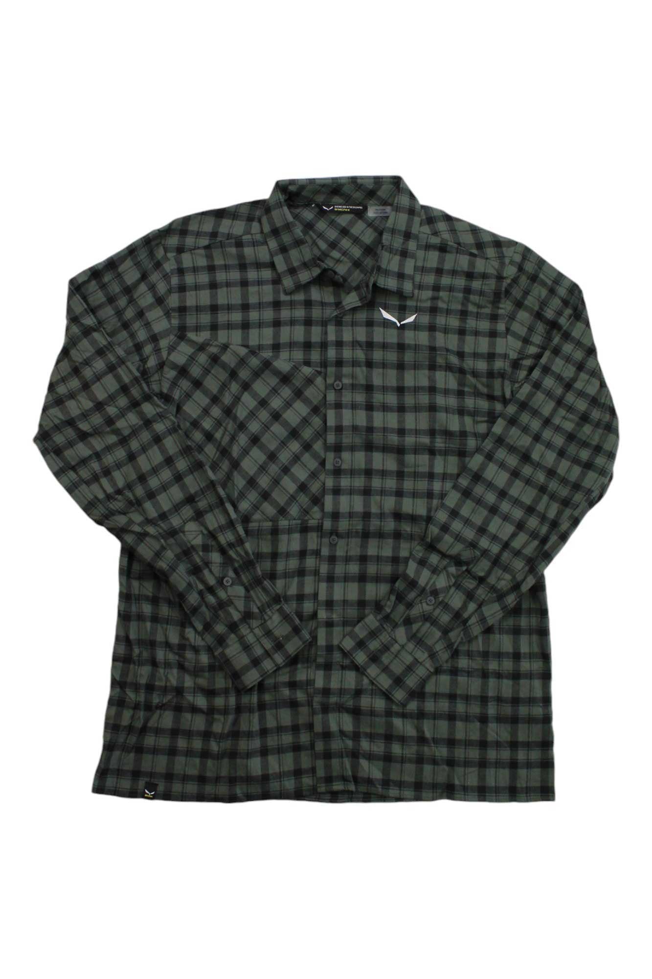 Men's flannel plaid button-up shirt, dark olive green, long sleeves