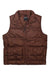 A brown Marmot Mens Guides Down Vest with a front zipper, high collar, and sleeveless design is laid flat on a white background. It features 700-fill down insulation, horizontal stitching, and a black label on the inside collar.