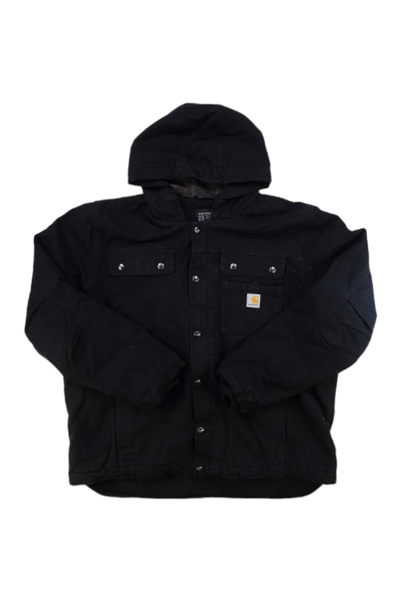 Carhartt washed duck jacket, black, hood up; button front with chest pockets