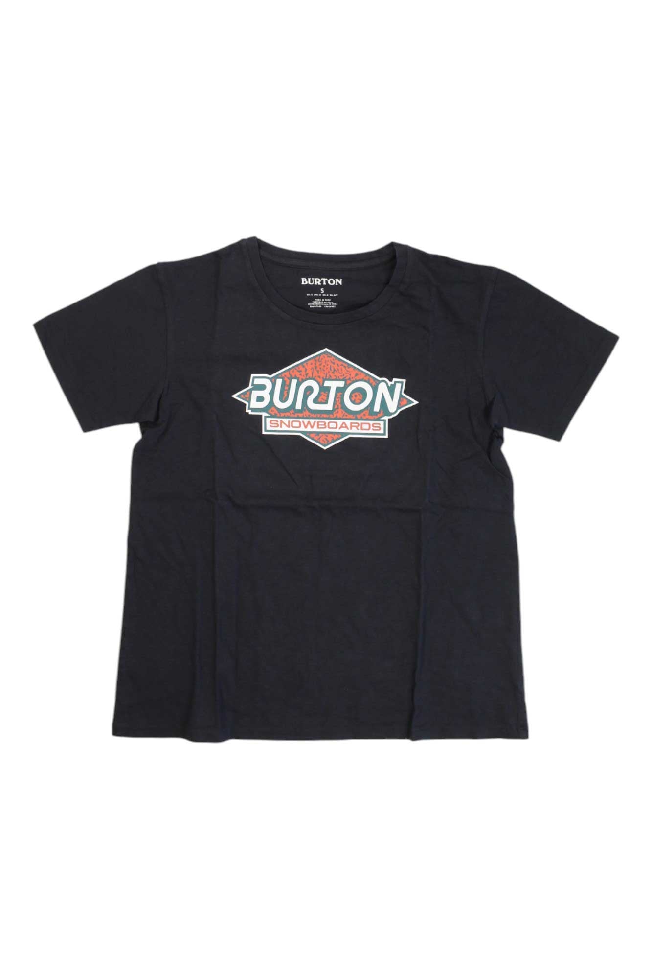 The Burton Womens Batchelder SS T-Shirt is a black, lightweight, short-sleeve tee with a blue, white, and red chest logo. It appears slightly wrinkled and is shown laid flat on a white background.