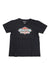 The Burton Womens Batchelder SS T-Shirt is a black, lightweight, short-sleeve tee with a blue, white, and red chest logo. It appears slightly wrinkled and is shown laid flat on a white background.