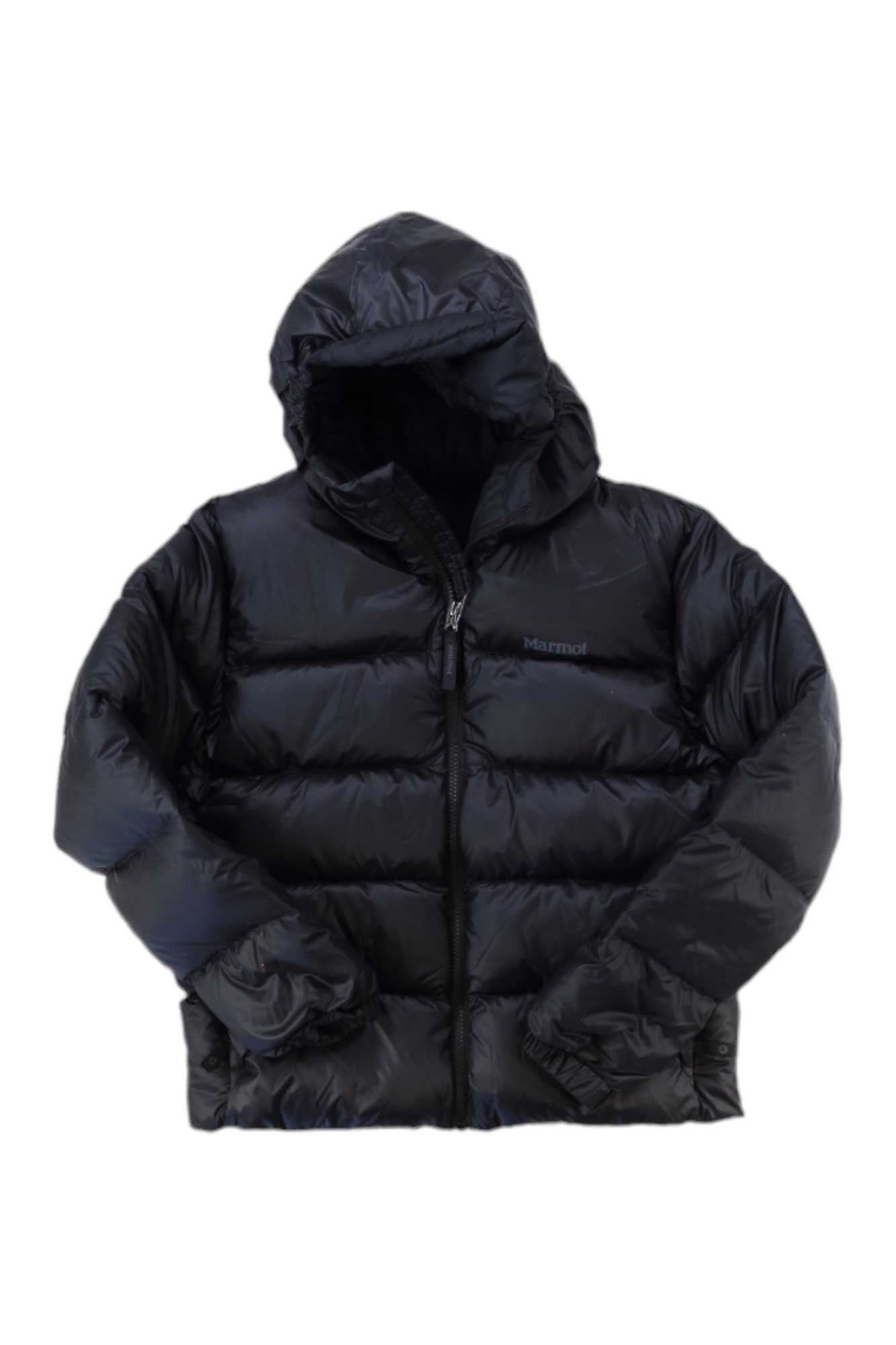 The Marmot Kids Guides Down Hoody is a black, puffy boys’ jacket with 700 fill power down and a front zipper, shown against a white background. Thick and insulated, it’s water-resistant and ideal for cold weather.