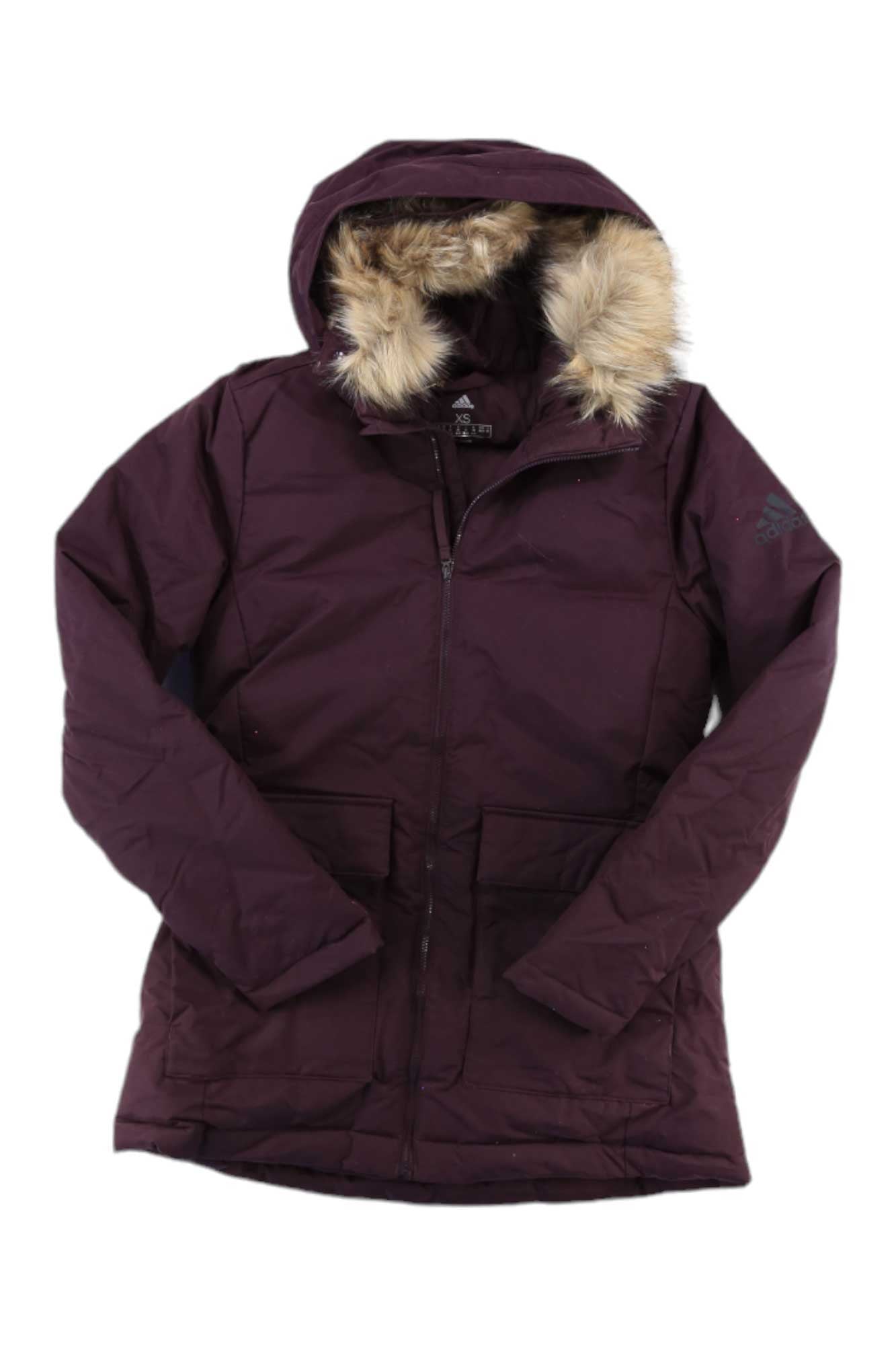 Women's hooded parka, dark maroon with full front zip and faux-fur hood trim