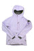 The Strafe Womens Lynx Pullover, a light purple waterproof shell with hood, front zipper, chest pocket, thumb holes on the cuffs, and a circular left sleeve patch, is shown laid flat on a white background.