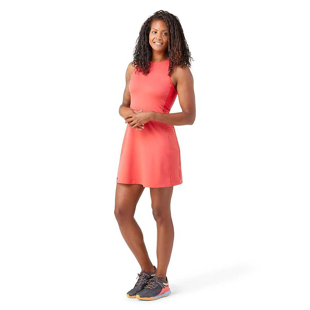 Women's active tank dress, coral pink, sleeveless scoop neck above-knee on-model