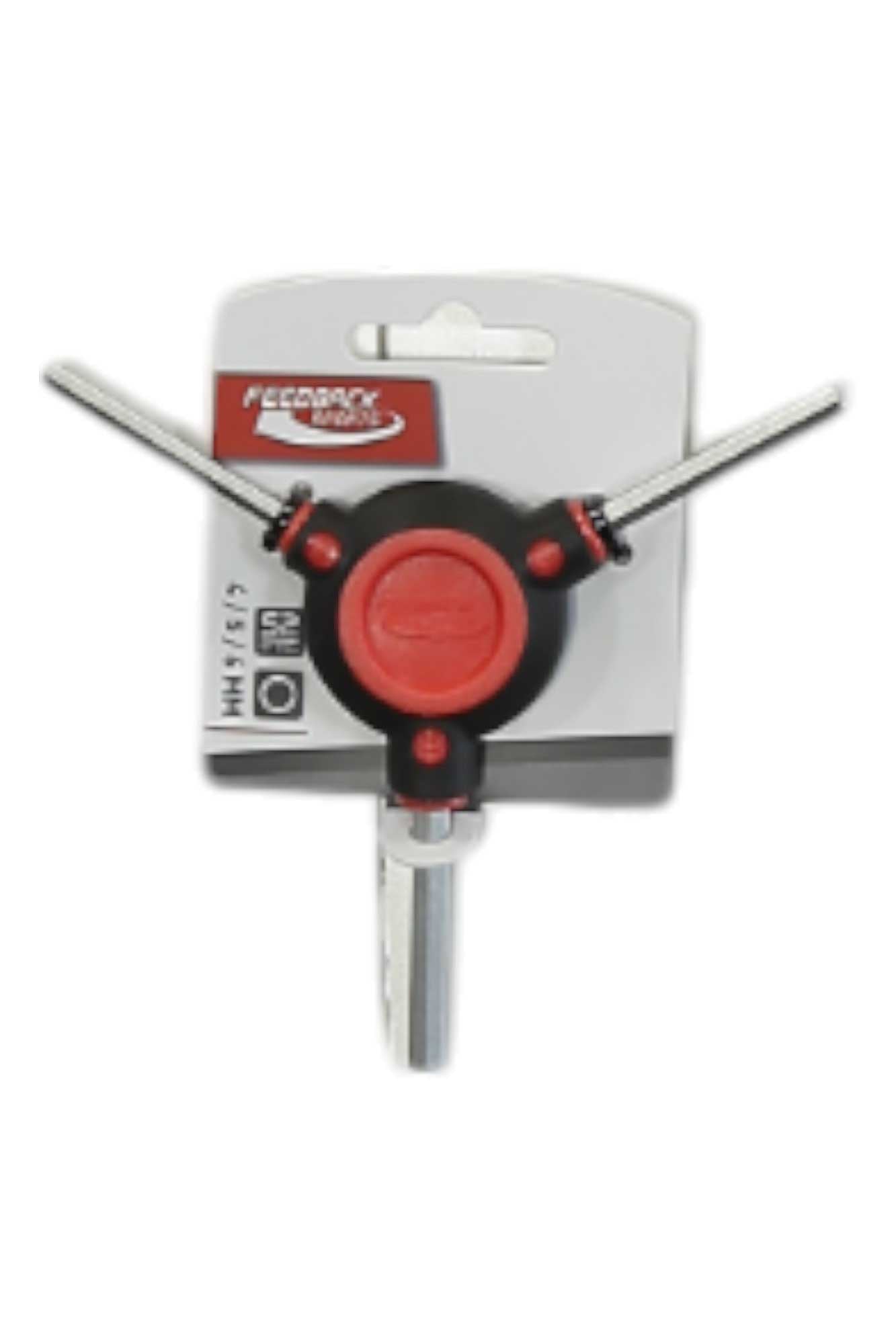 The Feedback Sports Fixed 3-Way Tool is a bike repair tool with three hex sizes, a black and red handle, tri-shaped design, and packaging featuring the Feedback Sports logo.
