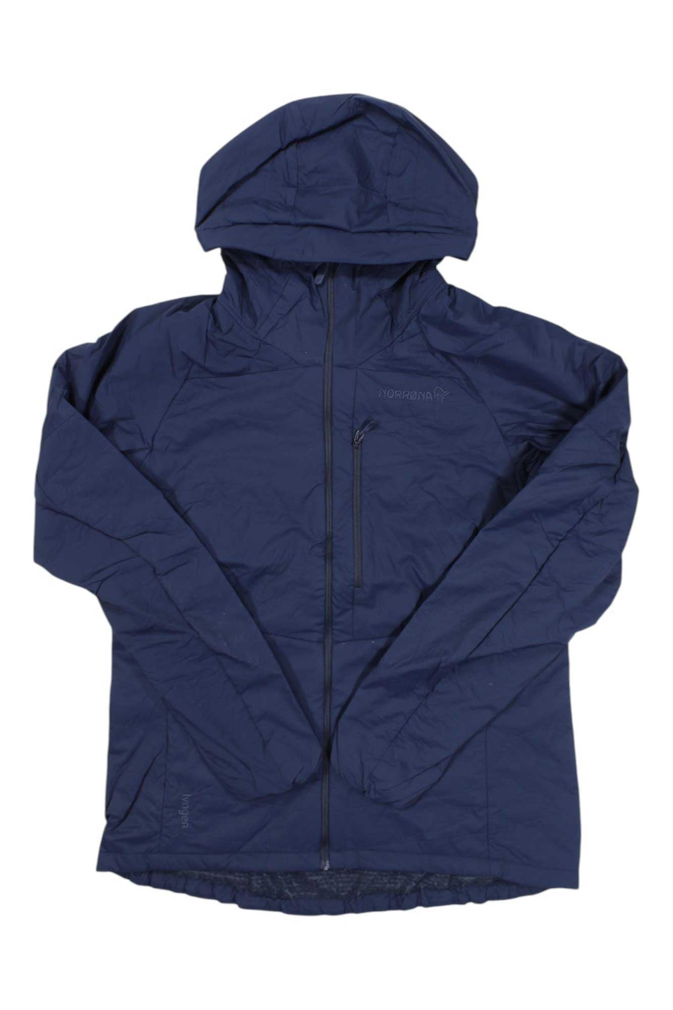 The Norrona Womens Lyngen Alpha100 Zip Hoodie is a navy insulated hoodie with PrimaLoft, front zipper, long sleeves, and a zippered chest pocket, shown laid flat on a white background.