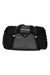 Cycle gear bag, open top view, gray front panel, black side panels, yellow zipper tabs
