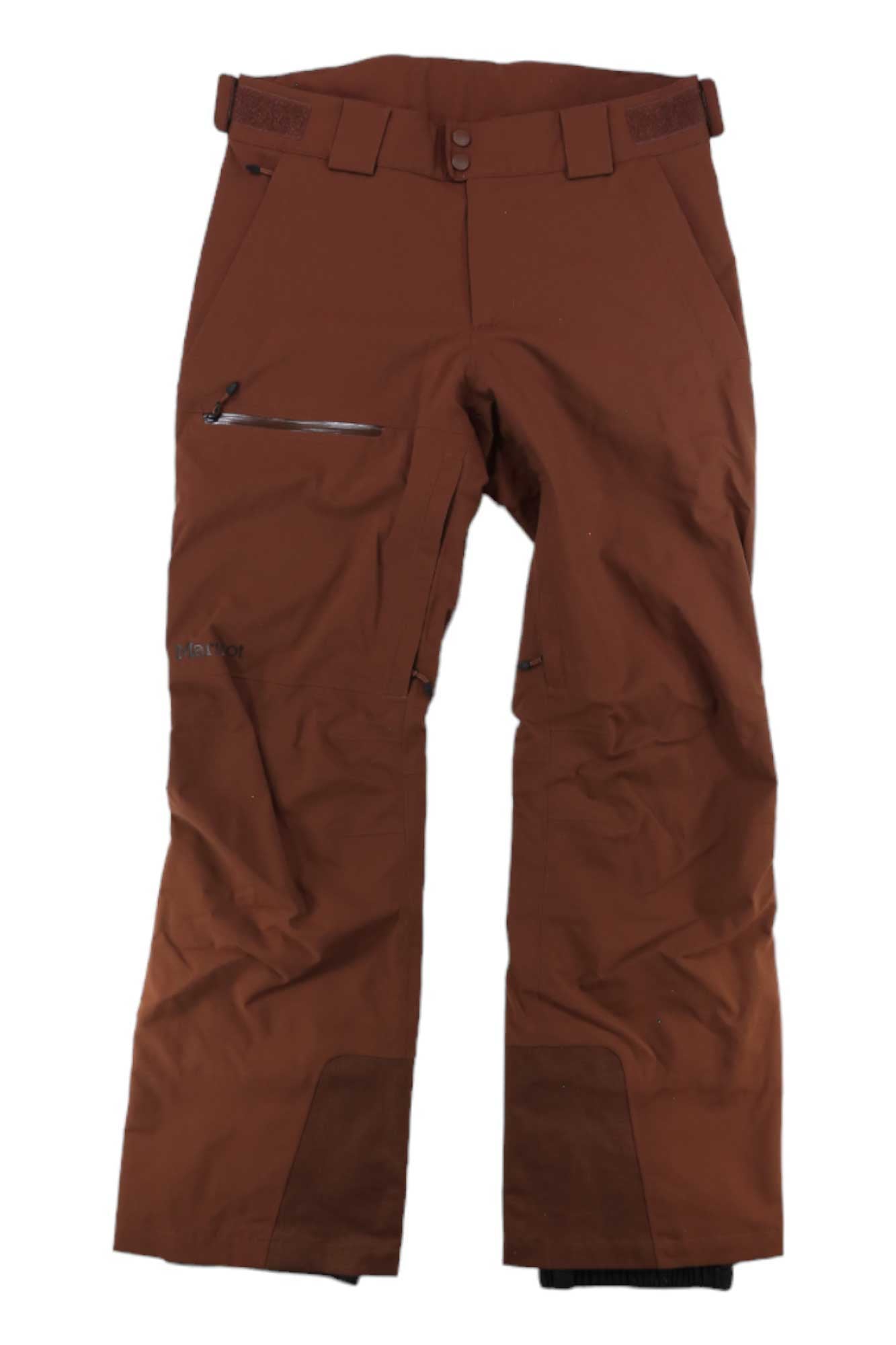 The Womens Refuge Pant features brown waterproof fabric with NanoPro technology, a front zipper, button closure, belt loops, zippered side pocket, and reinforced ankle fabric for reliable outdoor protection.