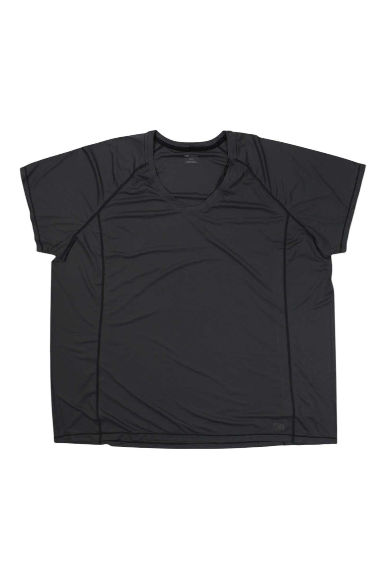 The Outdoor Research Womens Echo T-Shirt - Plus is a quick-drying black activewear tee, ideal for women’s hiking or as a plus size outdoor shirt, shown laid flat on a white background.