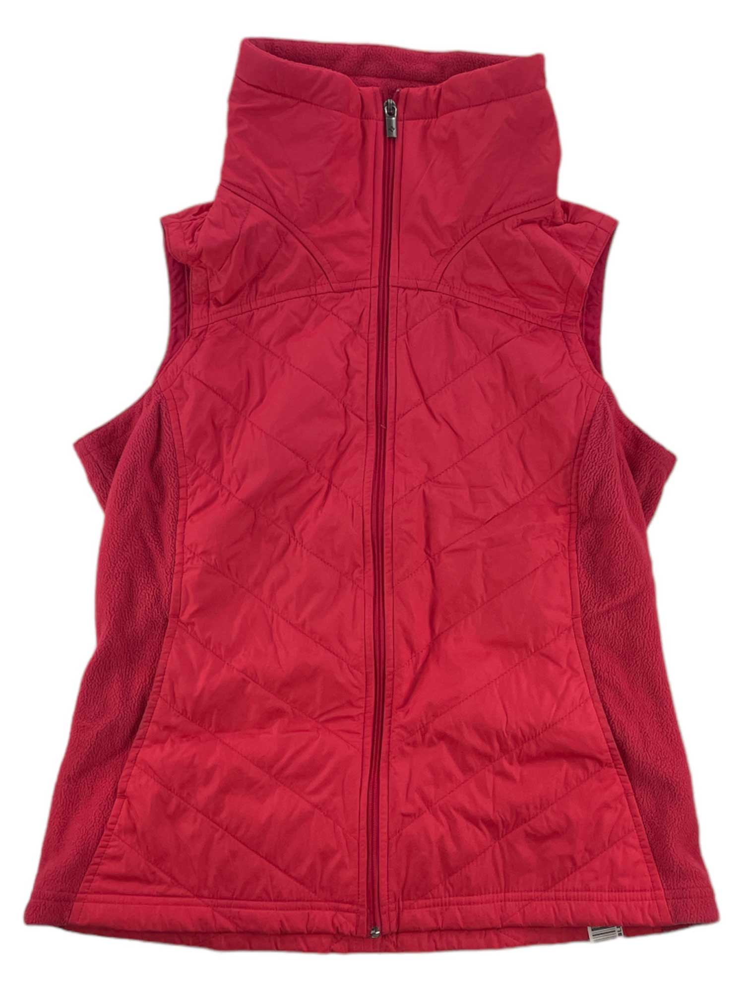 The Womens Mix It Around Vest is a sleeveless red quilted microfleece vest with a high collar, front zipper, smooth front, textured side panels, and advanced repellency for added comfort.
