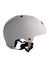 The Kali Protectives Saha Helmet is an eco-friendly white helmet with ventilation holes, adjustable black straps, and an orange patterned chin strap, made from recycled EPS foam. Shown from a side angle against a white background.