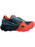 The Dynafit Womens Ultra 100 Shoe features a black mesh upper, red accents on the toe and heel, turquoise laces, a turquoise Dynafit logo, and a Vibram outsole with black/red rugged tread for superior grip.