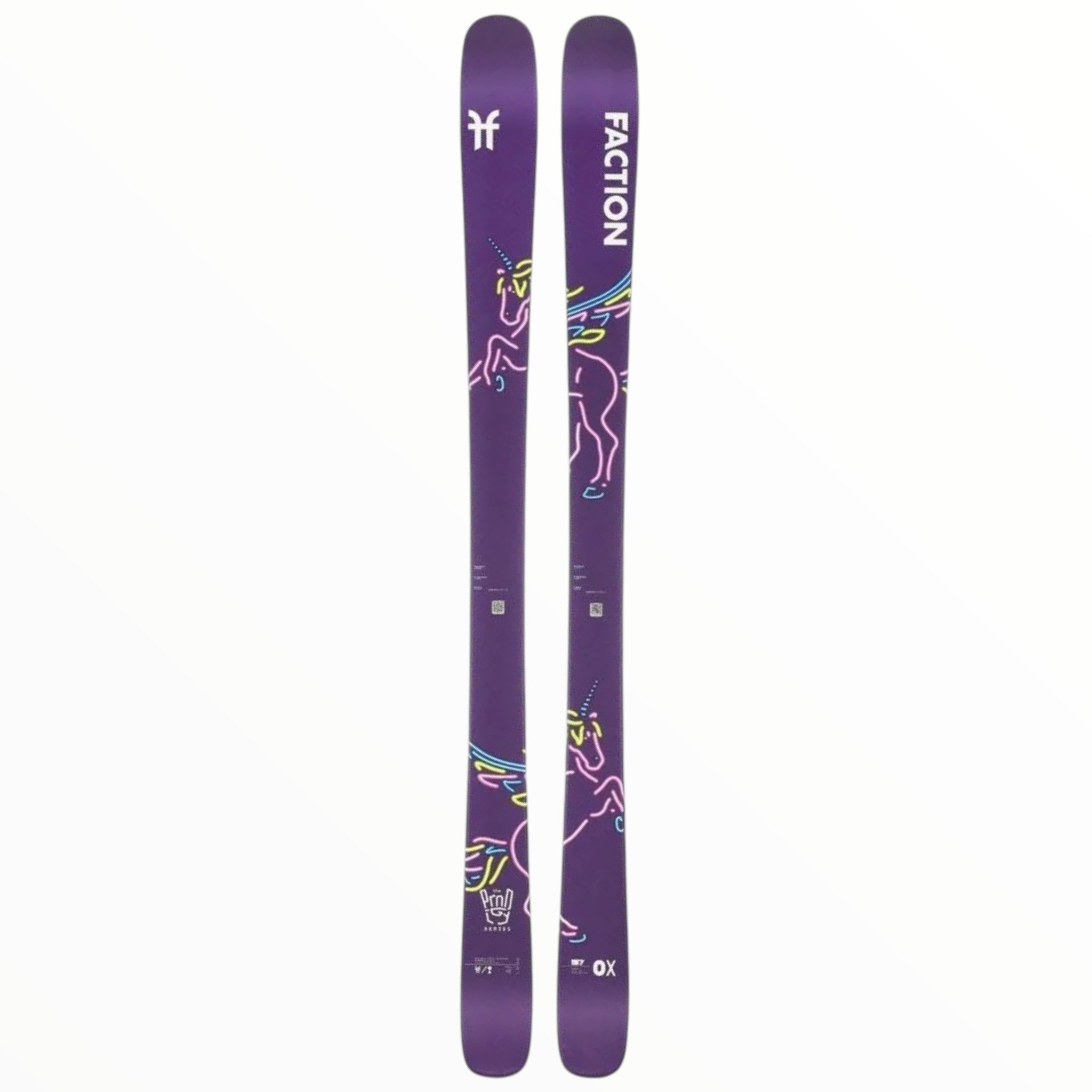 The Fraction Prodigy 0X Skis - 2023 feature a purple, symmetrical design with vibrant unicorn graphics and FACTION branding, offering lightweight performance and playful style ideal for freeskiing.