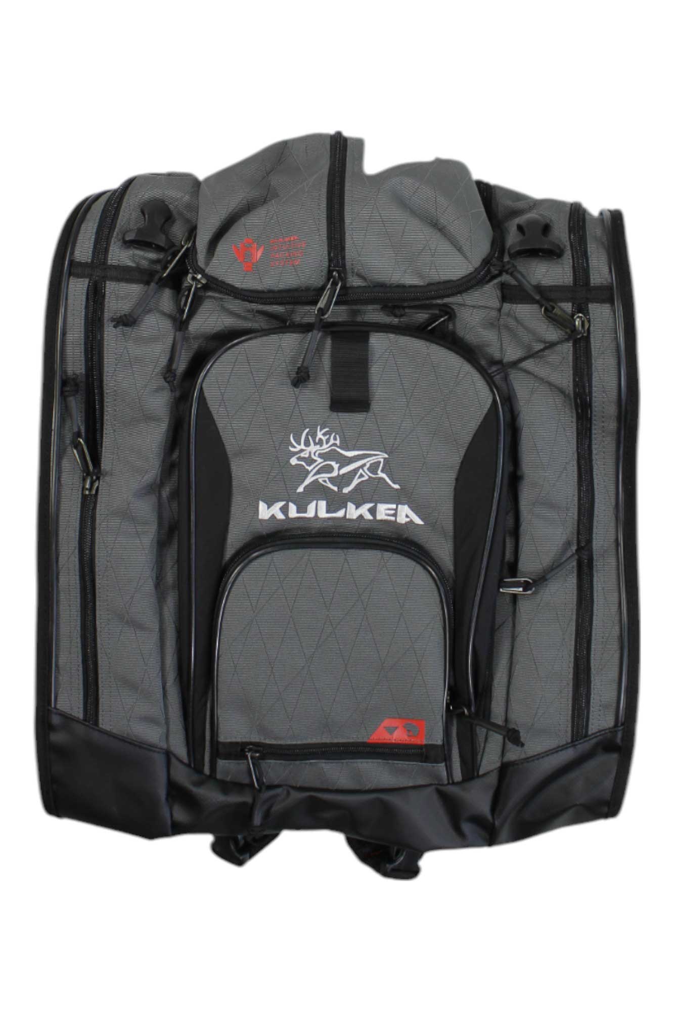 Ski boot bag in dark black with gray front panel, top handle and KULKEA logo