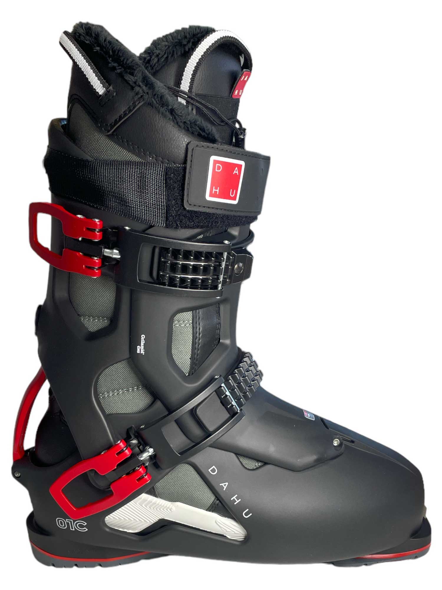 The Dahu Mens Ecorce 01 C M120 Flex Ski Boot is black with red buckles, gray accents, and DAHU branding. Made for all-mountain skiing, it offers stiff flex, adjustable straps, and a padded upper for optimal support and comfort.