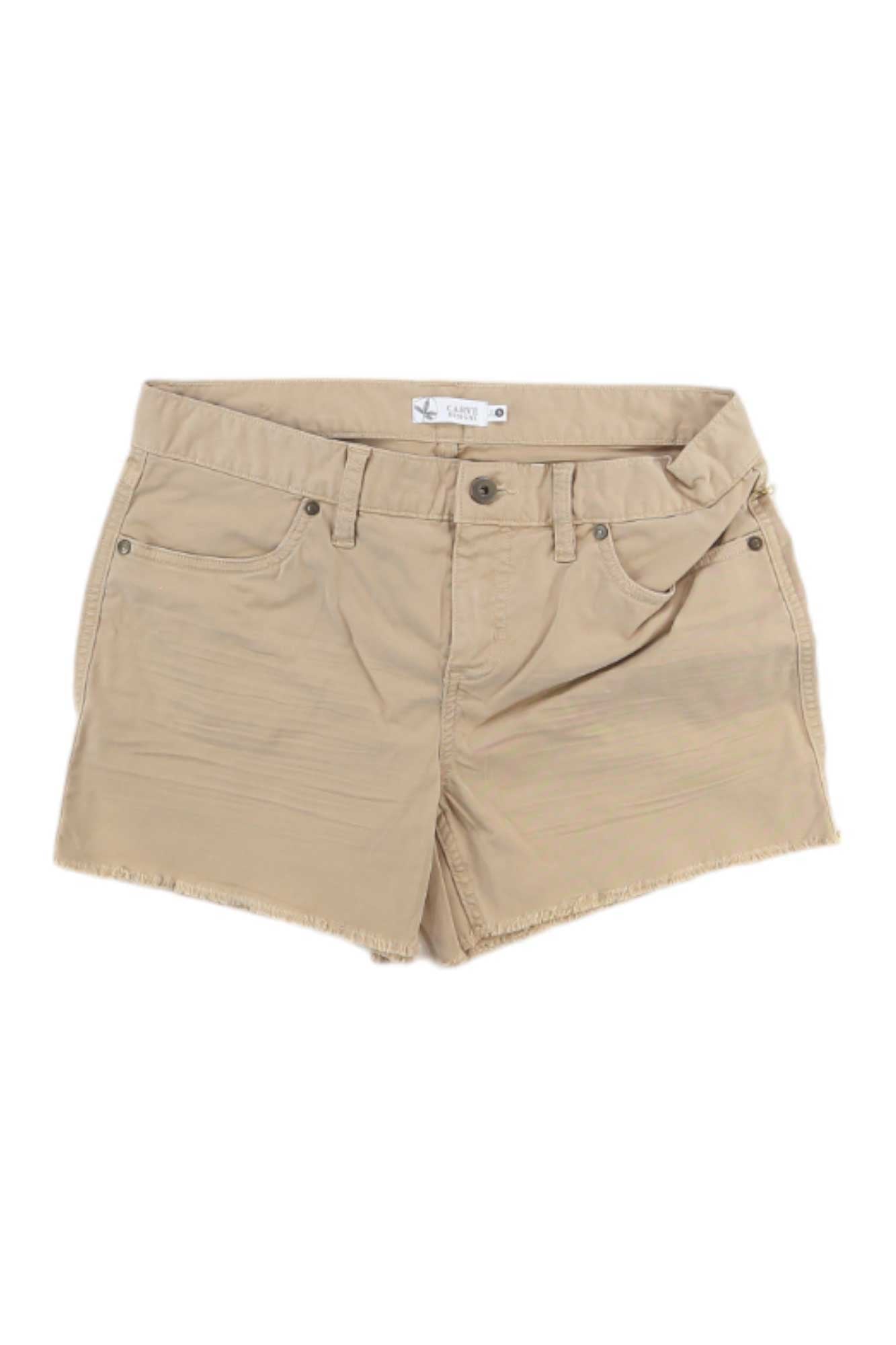 The Carve Designs Womens Oahu Twill Short in beige features front and back pockets, belt loops, and a frayed hem—ideal for water sports or relaxed summer days. Shown laid flat on a white background.