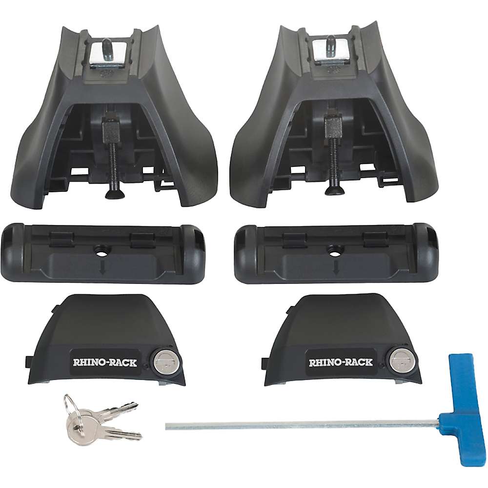 Rhino Rack roof rack leg pair in dark grey, showing adjustable base and keys.