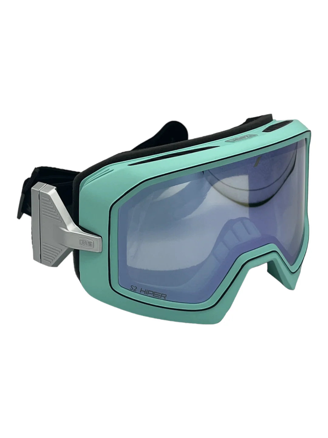 The 100% Valnor Hiper Goggles feature a teal and silver angular frame, wide reflective lens, and black adjustable strap—ideal for ski or snowboard use.