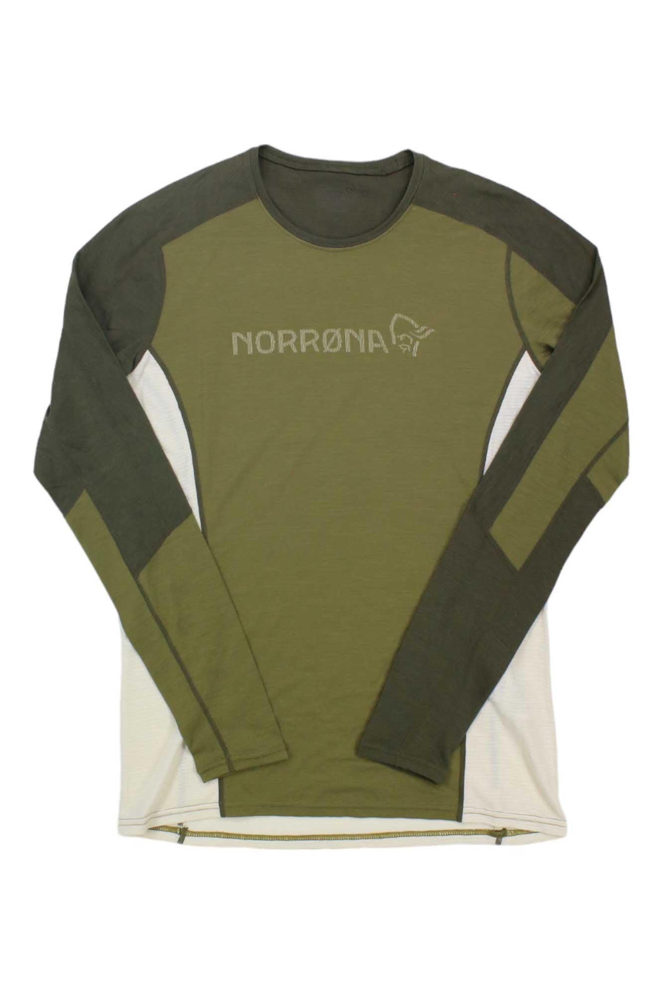 Women’s Norrona merino round-neck top, olive green with white side panels