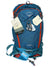 The Osprey Womens Salida 12 Bike Hydration Pack in blue with orange accents is shown, featuring multiple tags including brand labels and a Hydraulics LT reservoir tag, along with a visible black and gray clip.