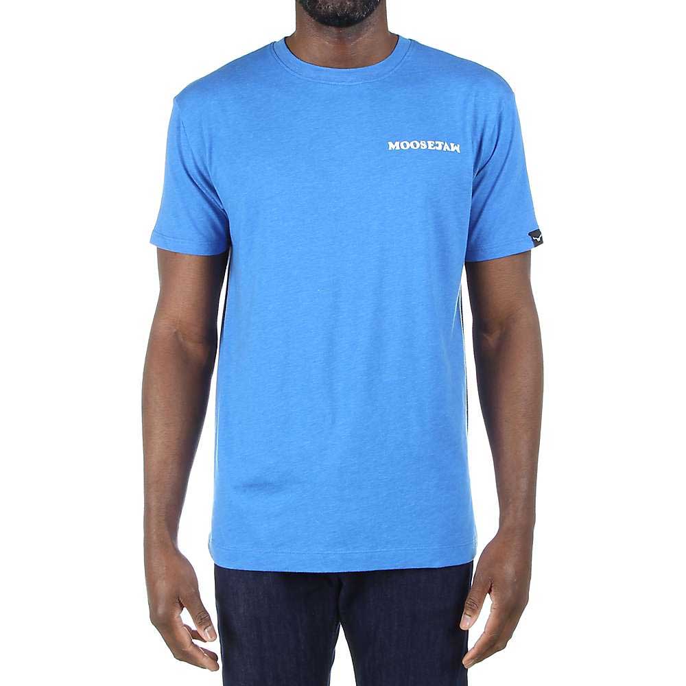 A man wearing the Moosejaw Mens Lager SS Tee, a bright blue casual shirt with "MOOSEJAW" in white on the left chest, stands against a white background.