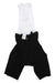 Black bib shorts with white upper straps and chest tag